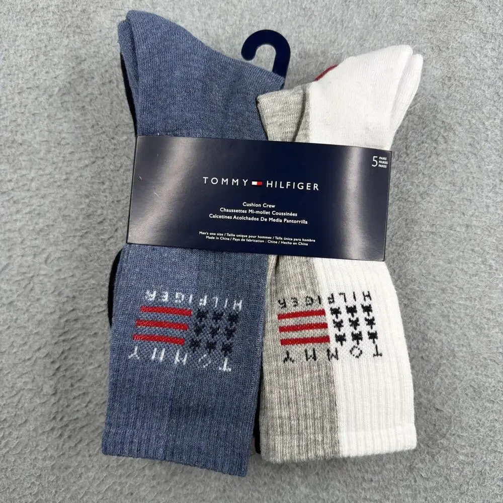 Tommy Hilfiger USA Flag Cushion Crew Socks Mens One Size Assorted 5 Pair NEW